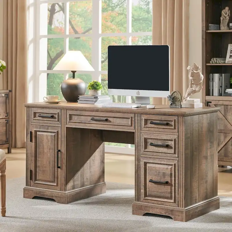 58 Large Computer Desk with Drawers, Embossed Texture Office Desk