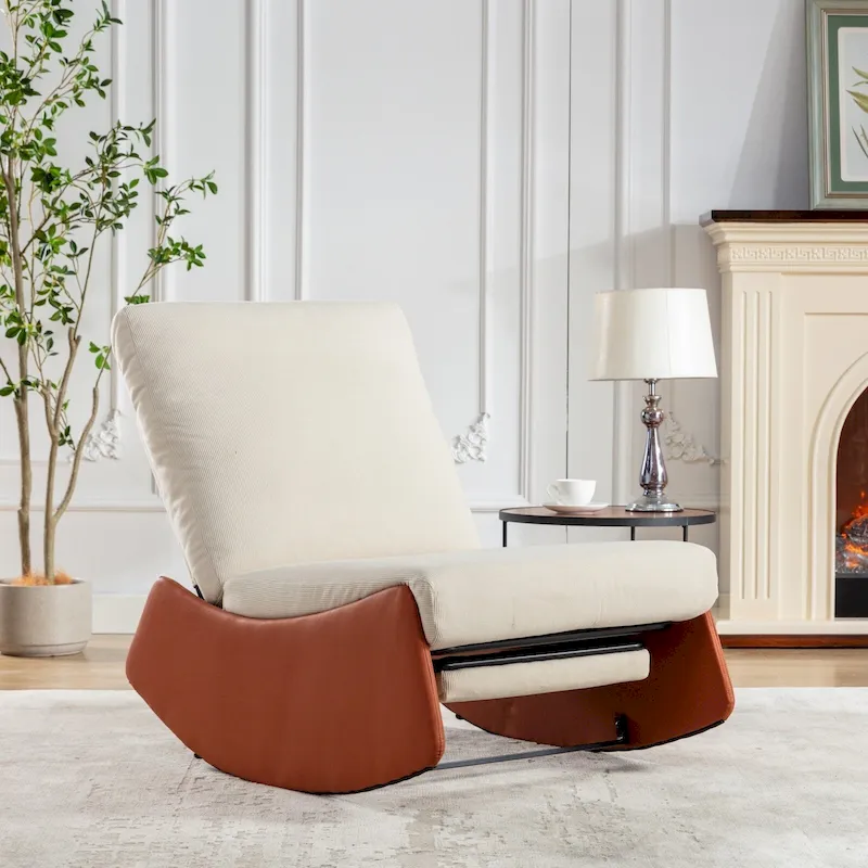 Orange+Beige Modern Corduroy Upholstered Rocker Recliner with Footrest and PU Leather Leg for Living Room, Bedroom