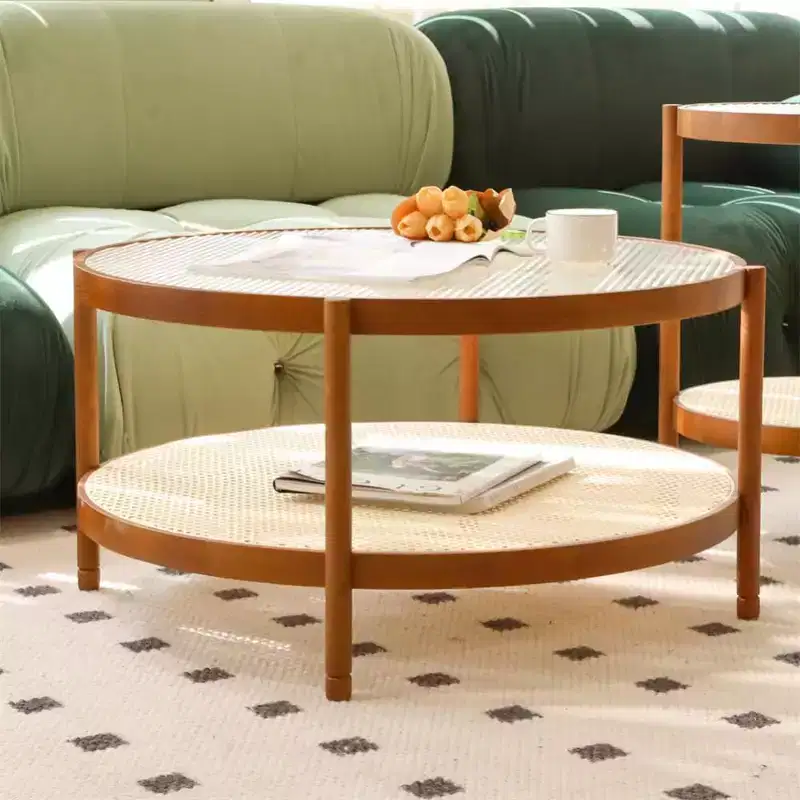 Round Coffee Table Set of 2, Farmhouse Nesting Rattan Style Circular Wooden Stacking Accent Coffee Tables Wooden Frame for Apartment Living Brown