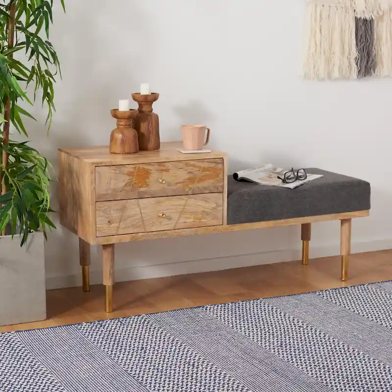 SAFAVIEH Tempie Modern 2-Drawer Cushioned Seated Bench - 43 In. W x 15 In. D x 21 In. H - 43Wx15Dx21H