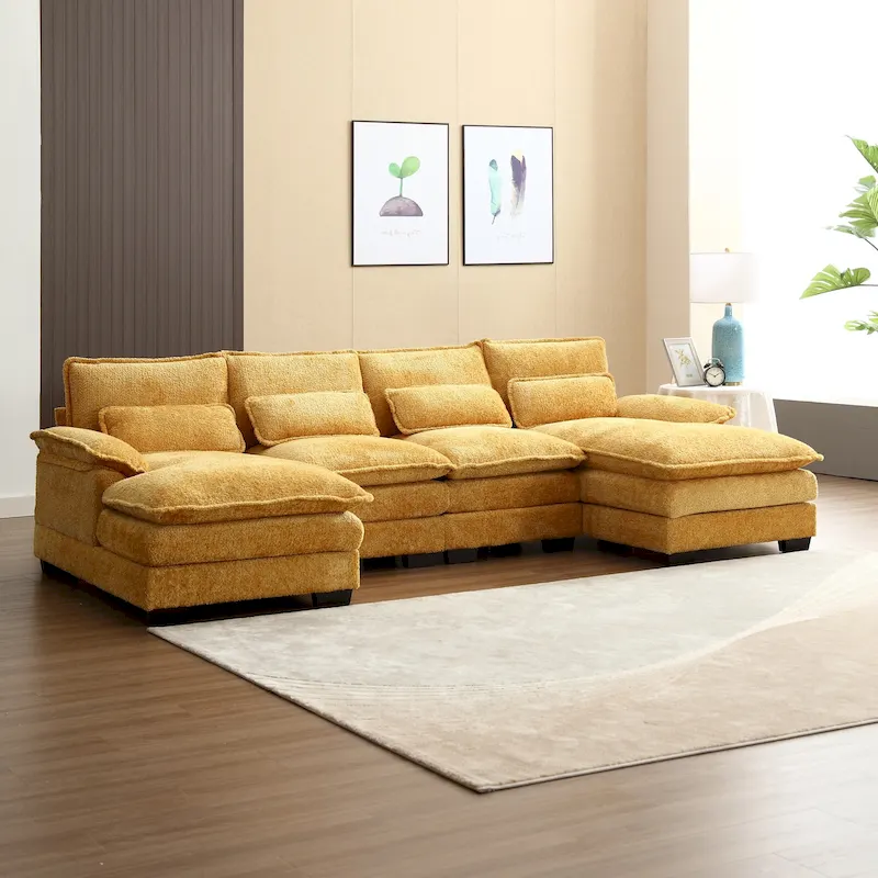 Chenille Upholstered U-Shaped Living Room Sectional Sofa With Wooden Legs