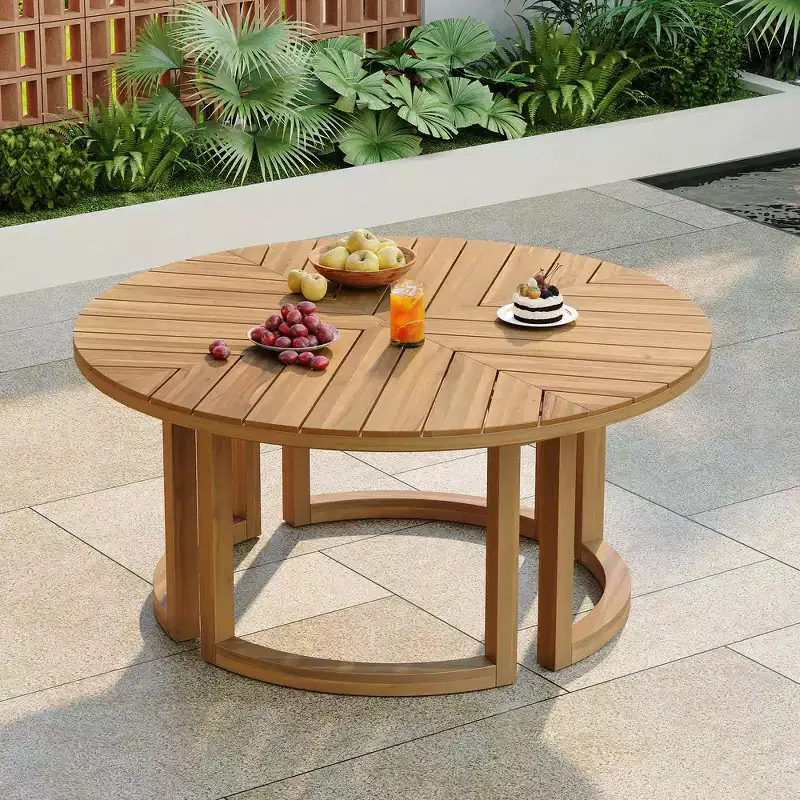 Whisen Outdoor 59 Round Patio Dining Table with Umbrella Hole, Acacia Wood, Hollow Spliced Top, Sturdy Legs
