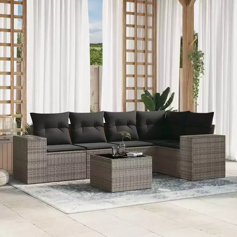vidaXL 6 Piece Patio Sofa Set with Cushions Gray Poly Rattan
