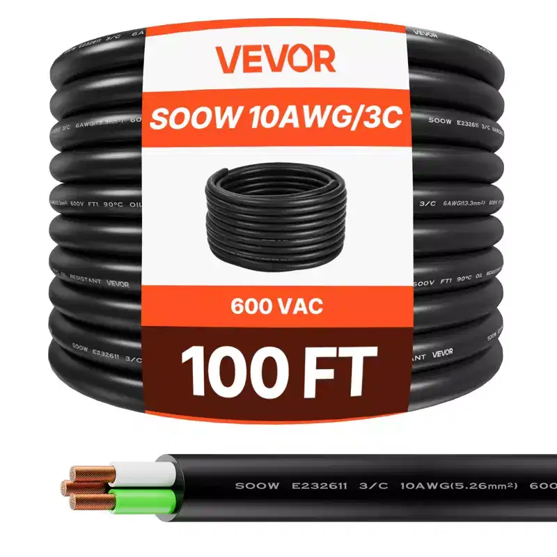 VEVOR 100 FT 10AWG Portable Power Cable (3 Conductor), Heavy Duty 600V SOOW Electrical Power Cable, Industrial Grade Electric Wire, Black