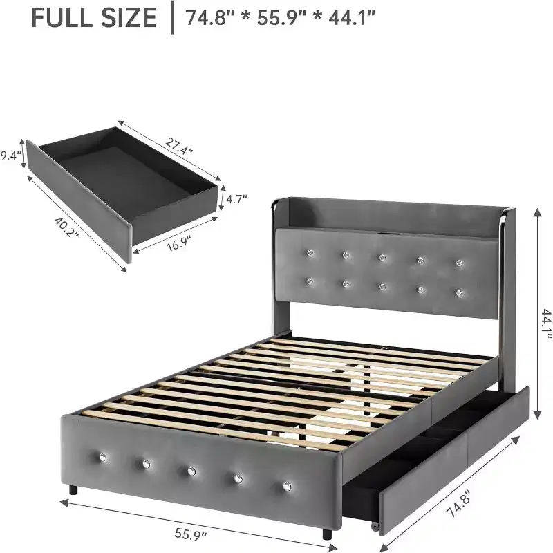 Full-sized Large Bed Frame, Equipped with Storage Space, a Charging Station and 4 Drawers, with Velvet Cushions Supported by Wooden Strips, Grey