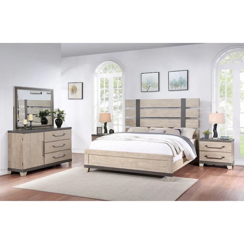Roundhill Furniture Arbela Wood Slatted Panel Bed with Dresser, Mirror, and Two Nightstands, Weathered Oak Finish