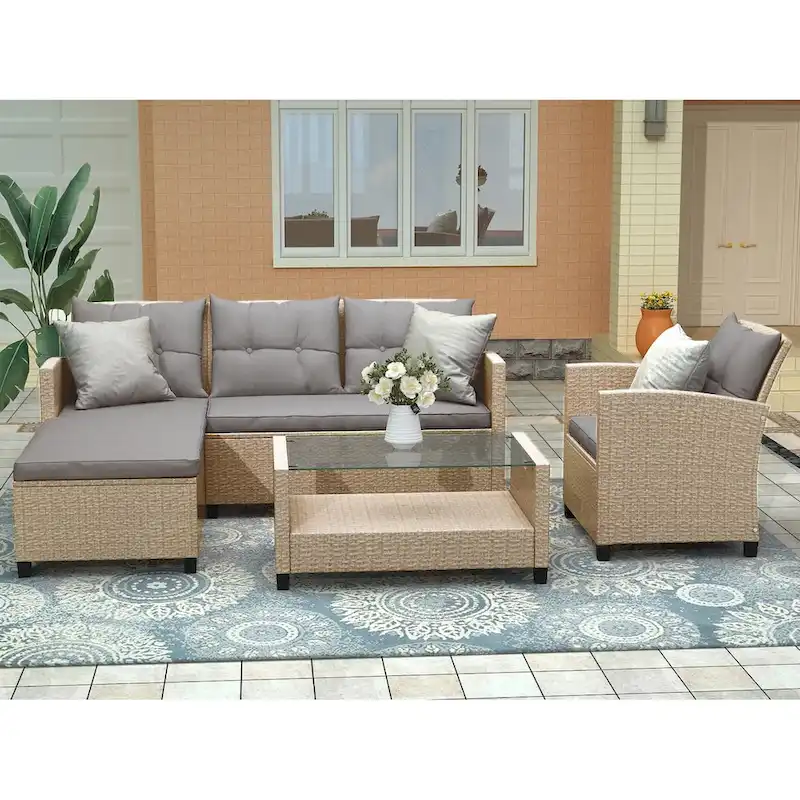 Outdoor, Patio Furniture Sets, 4 Piece Conversation Set Wicker Ratten Sectional Sofa with Seat Cushions