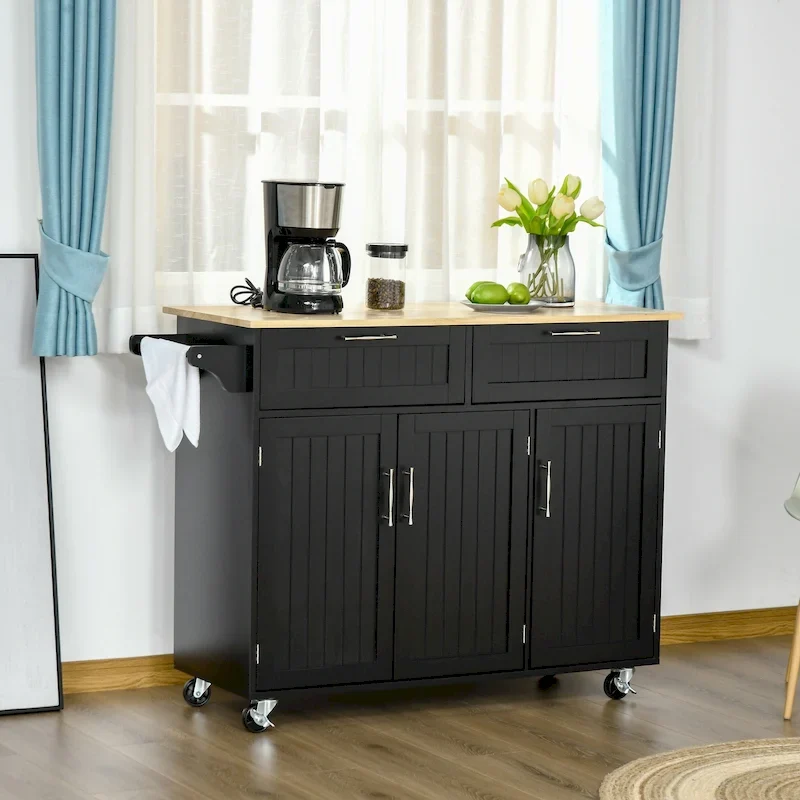HOMCOM 48 Modern Kitchen Island Cart on Wheels with Storage Drawers, Rolling Utility Cart with Adjustable Shelves, Cabinets