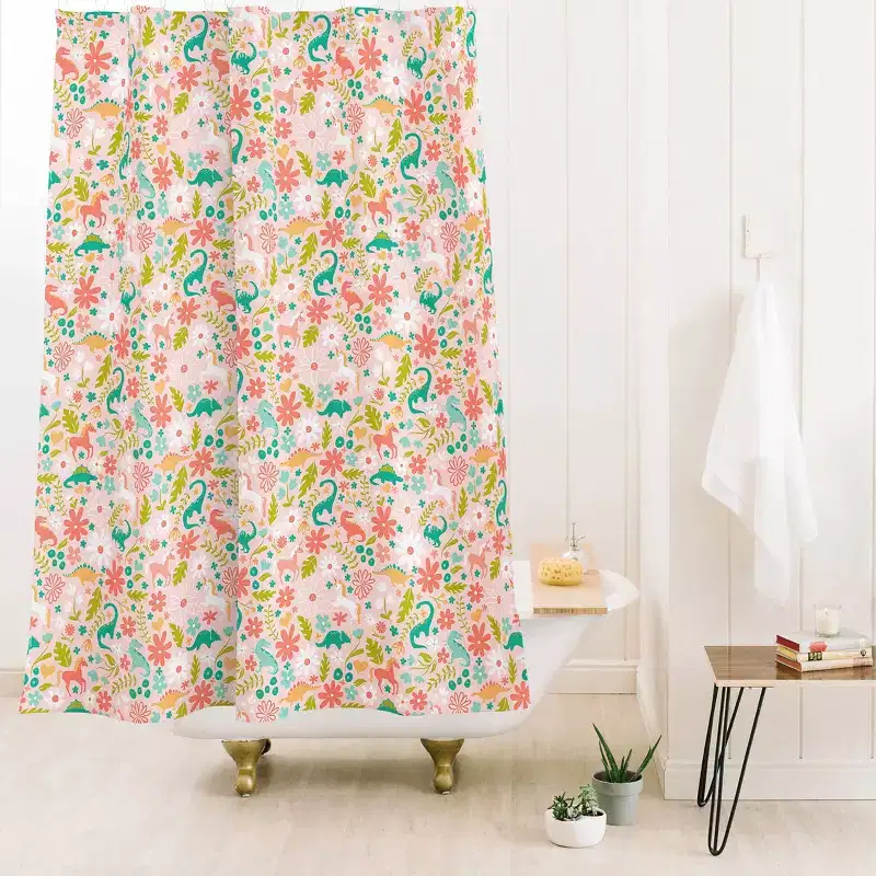 Deny Designs Kids' Lathe and Quill Dinosaurs Unicorns in Pink Teal Shower Curtain