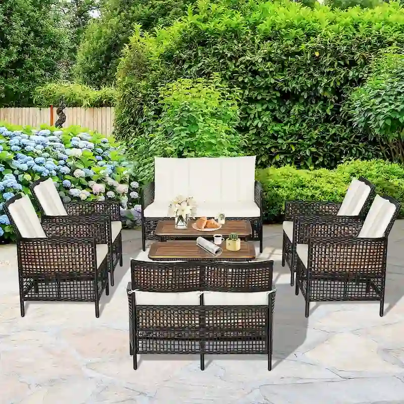Costway 8PCS Patio Rattan Furniture Set Cushioned Chairs Wood Table - See Details