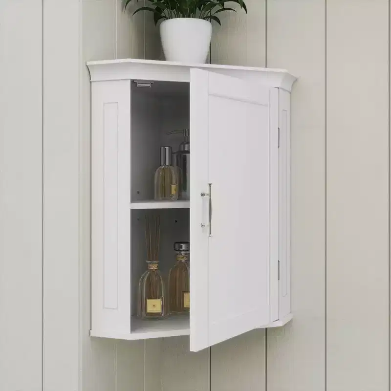 RiverRidge Somerset Corner Wall Bathroom Storage Cabinet Organizer with Doors and an Adjustable Shelf - White