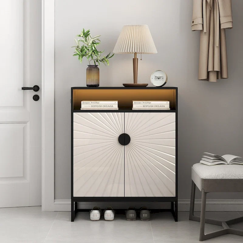 5-Tier Shoe Storage Cabinet, Wooden Shoe Cabinet with Doors Shoe Organizer with Open Shelves for Entryway, Hallway, Living Room