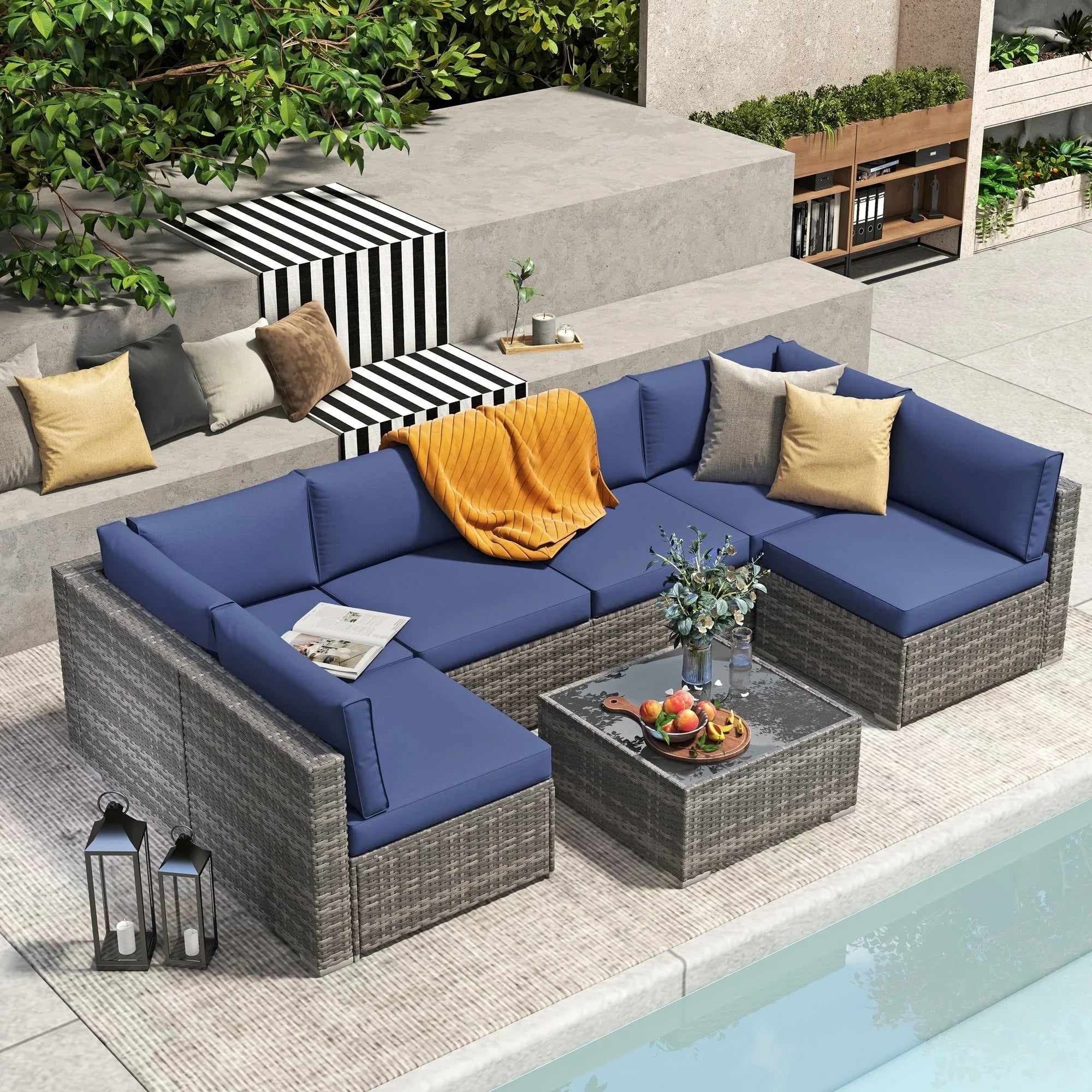 Wicker/ Steel 7-piece Outdoor Cushioned Sectional Sofa Set