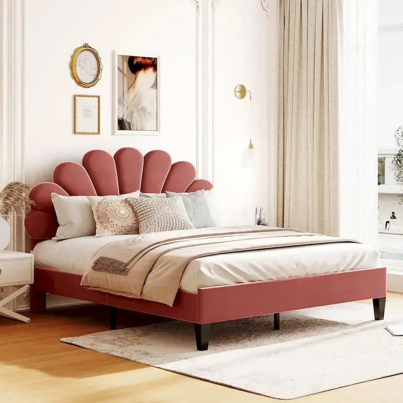 Queen Size Floral Velvet Upholstered Platform Bed