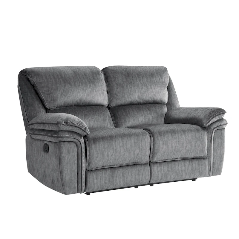 Muir 65 Inch Manual Recliner Loveseat, Tufted Gray Microfiber, Solid Wood