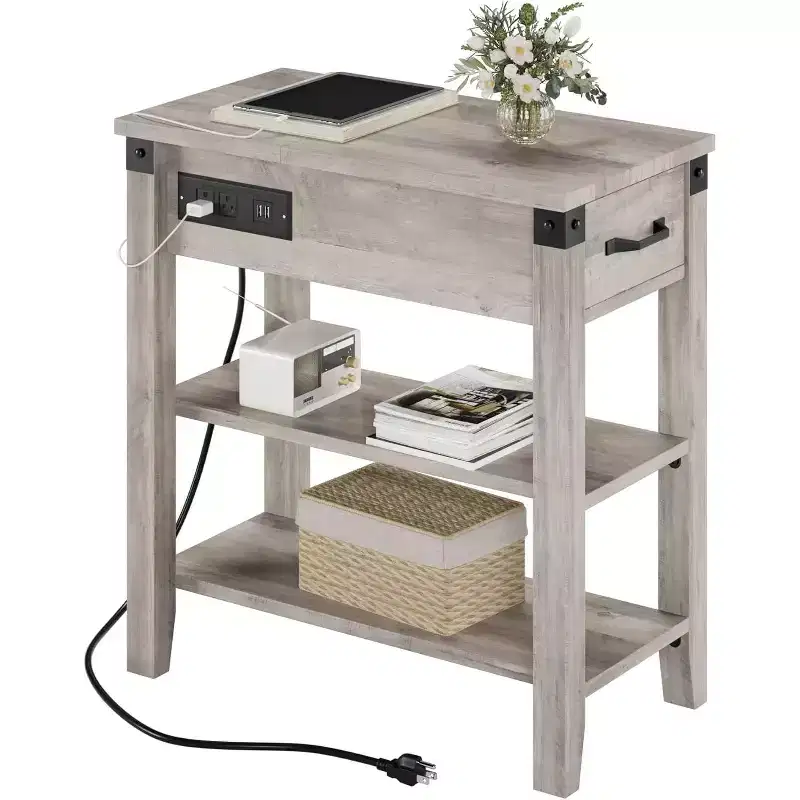 End Table with Charging Station, Flip Top Side Table with USB Ports and Outlets, Sofa Couch Table Bedside Table with Storage Shelves for Small Space