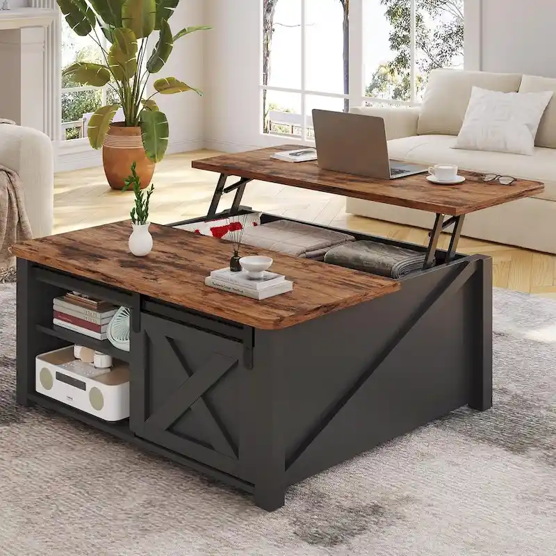 Coffee Table Lift Top Square Center Table Barn Door Storage Shelf
