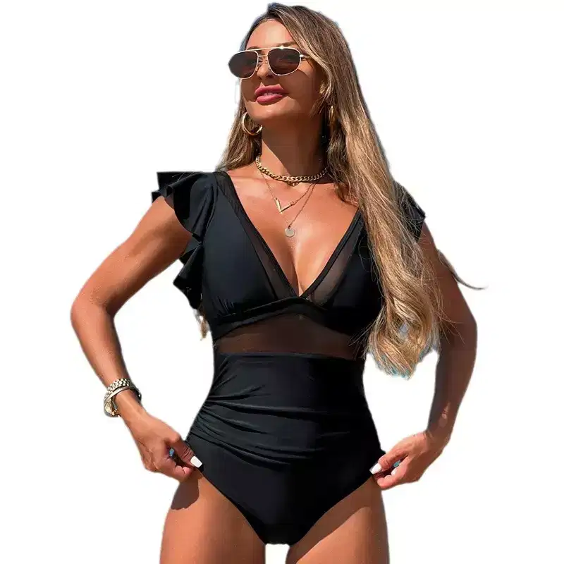 V-Neck Ruffle Sleeve Mesh Panel Ruched One Piece Swimsuit