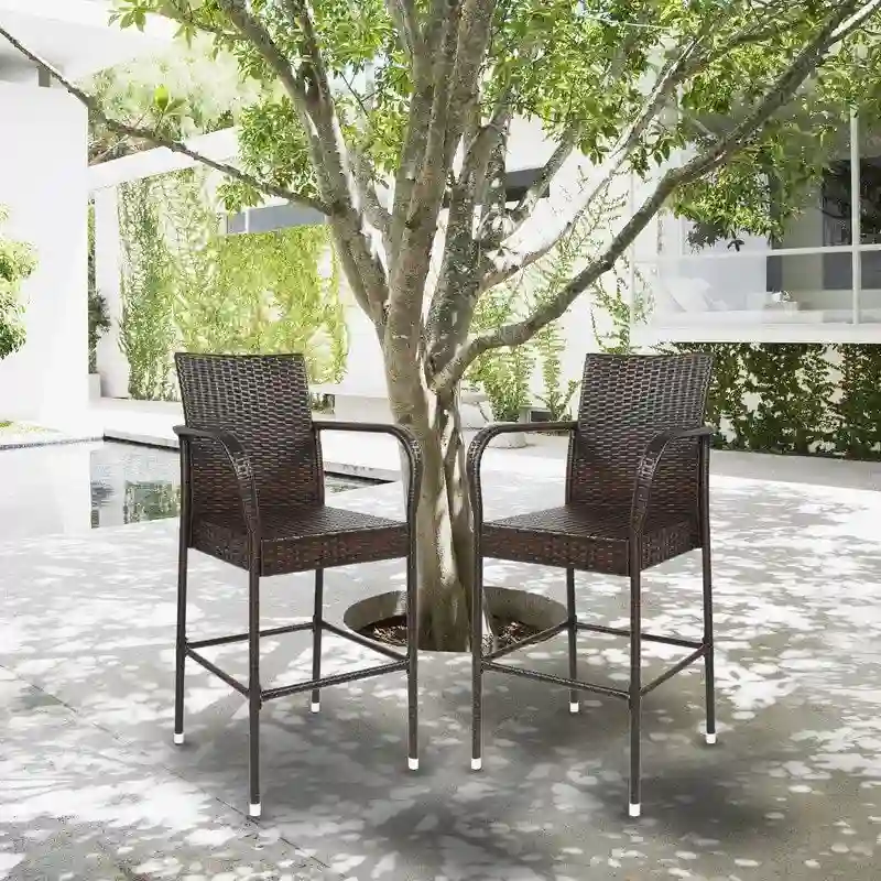 Outdoor 2-Piece Brown Rattan Bar Stools Wicker High Bar Chairs