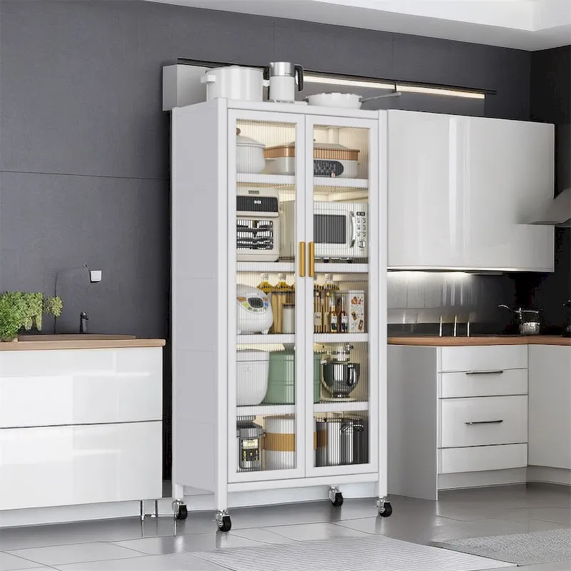 Floor-to-Ceiling Glass Door Kitchen Storage Cabinet with Wheels White Black