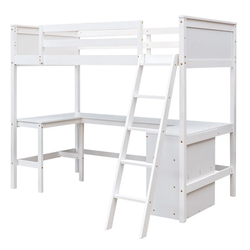 win Size Loft Bed with Shelves and Desk for Kids Teens Aldults, Wooden Loft Bed Frame with Lnclined Ladder and Safety Guardrail