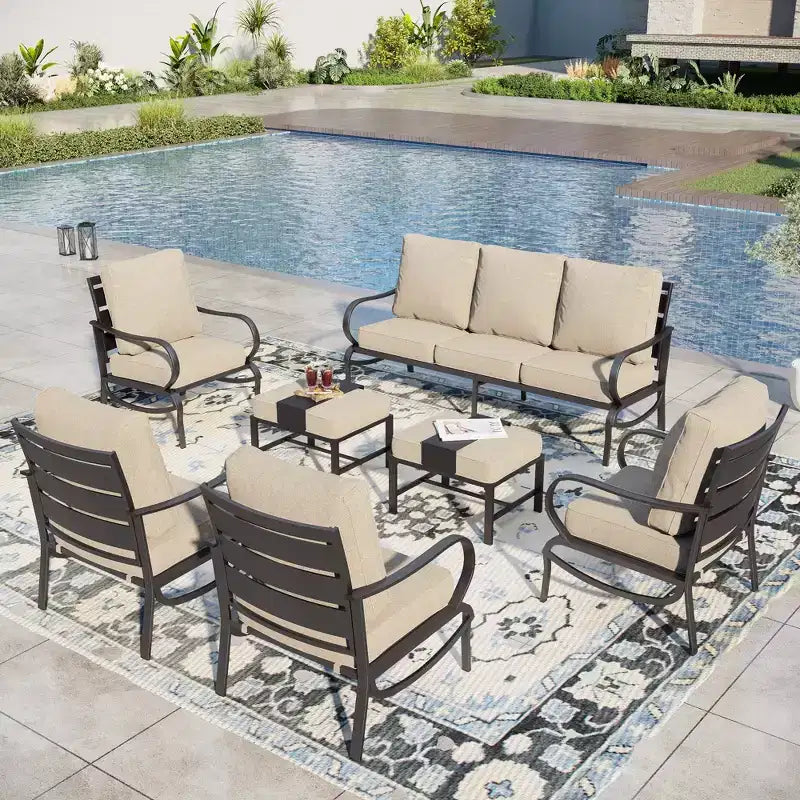 Captiva Designs 7pc Metal Patio Furniture Conversation Set with Armchairs for Garden Porch Backyard