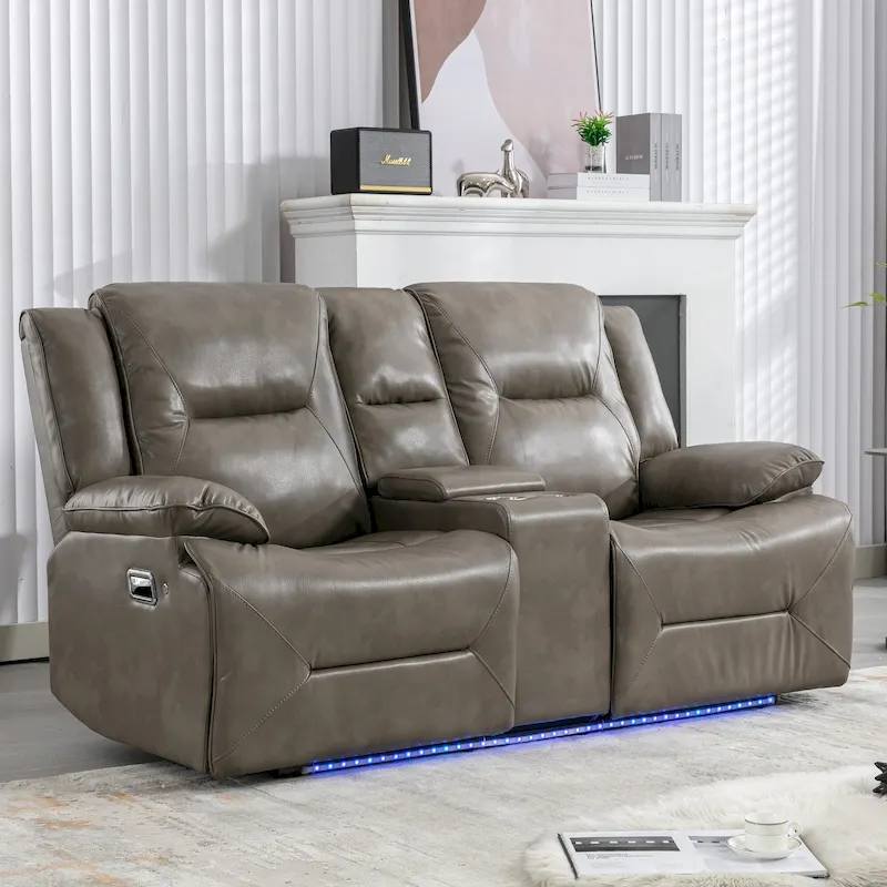 2-Seater Home Theater Recliner with LED Light Strip, Cup Holders & Storage Box