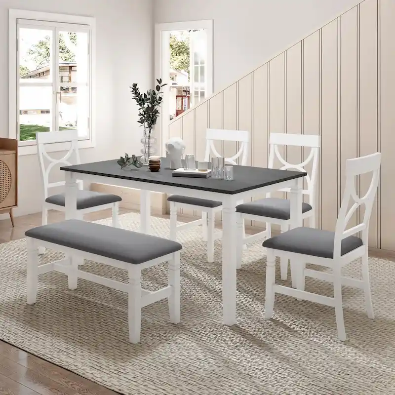 White Farmhouse 6-Piece Wooden Dining Table Set with Rectangular Table & 4 Chairs