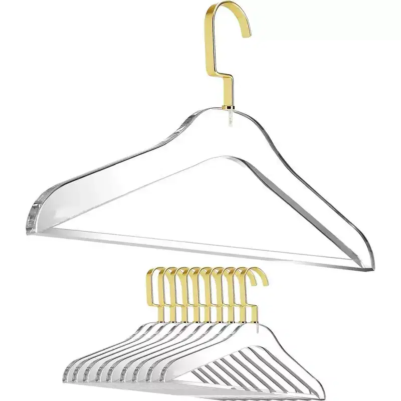 Designstyles Clear Acrylic Clothes Hangers with Pants Bar, Luxurious & Heavy-Duty Gold Steel Hooks, Perfect for Suits and Slacks - 10 Pack