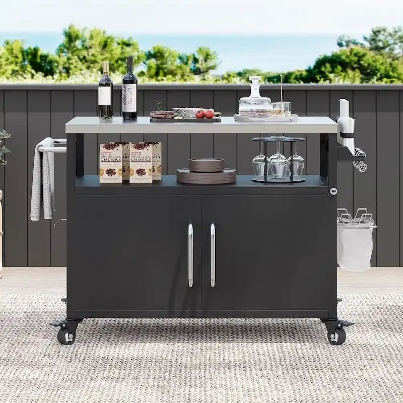 Outdoor Kitchen Island With Stainless Steel Tabletop,Metal Grill Cart Table With Storage Cabinet - N/A