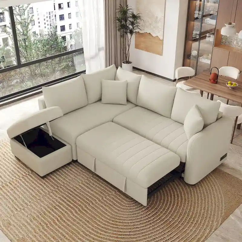 MERAX L-shaped Sectional Pull Out Sleeper Sofa with Storage Ottoman