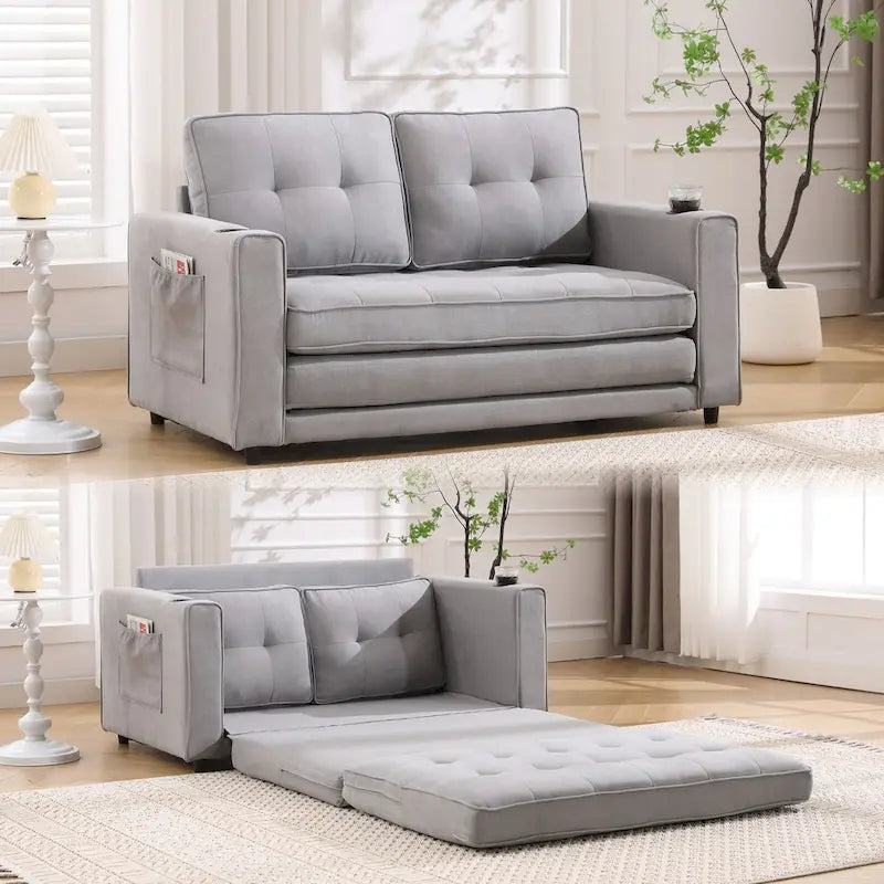 Oaks Aura Upholstered Futon Sofa with Pull-Out Sleeper Couch, Muticolour Choice Foldable Tufted Loveseat With Cup Holder
