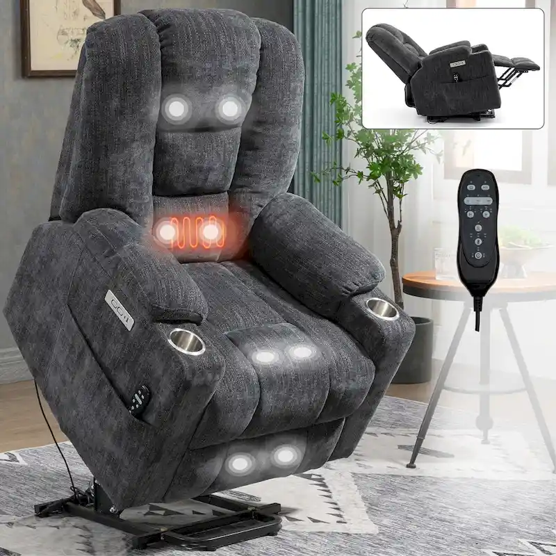 Large Power Lift Recliner Chair with Massage and Heat for Elderly, Wide Recliners, with USB and Type C Ports,2 Cup Holders