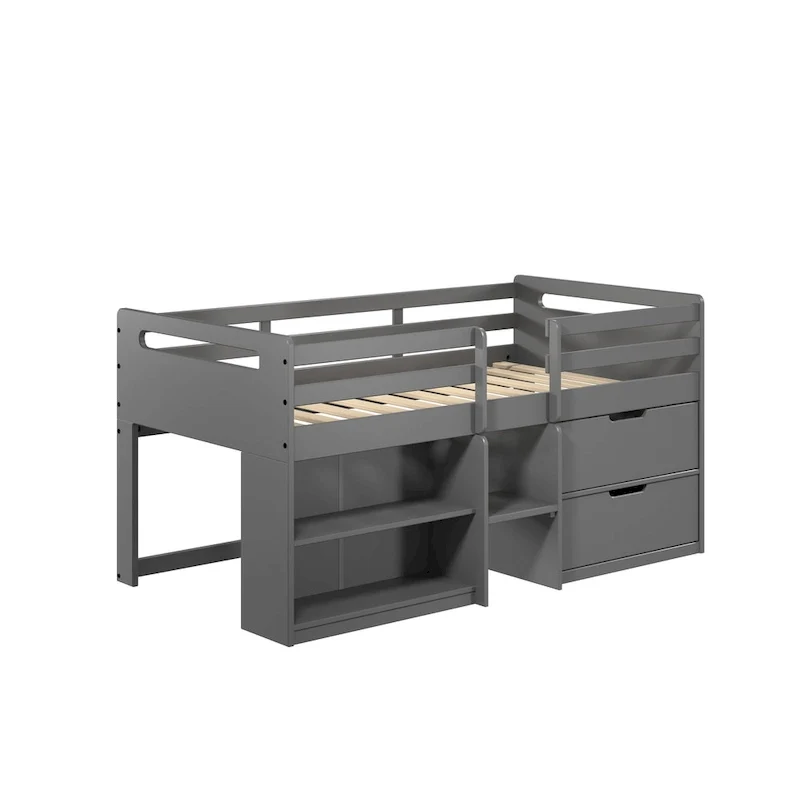 Twin Solid Wood Low Loft Bed with Storage Drawer and Fence Guardrail