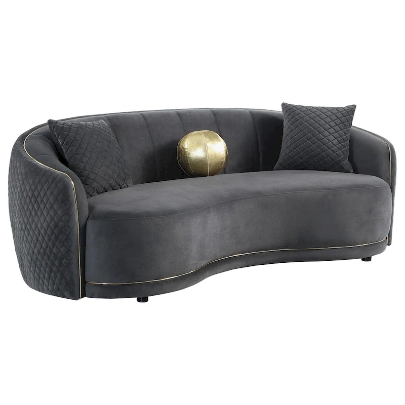 Curved Sofa, 92 Inch, Dark Gray Polyester, Gold Trim, 3 Pillows