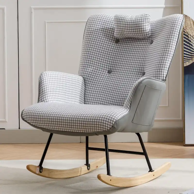 Houndstooth Wingback Rocking Chair with Head Pillow and Side Storage Bag, Pink