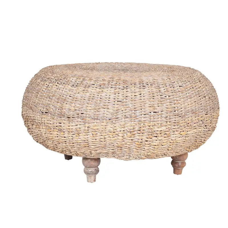 Natural Whitewashed Abaca Round Coffee Table Ottoman by East at Main