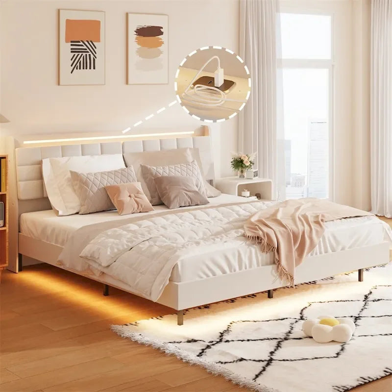 Queen Size LED Upholstered Platform Bed w/ Headboard& Charging Station