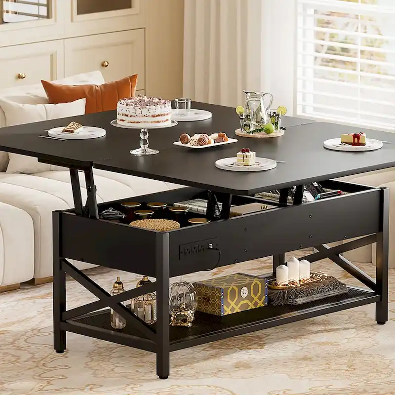 Lift Top Coffee Table with LED Lights and USB Port, Modern Farmhouse Convertible Dining Table