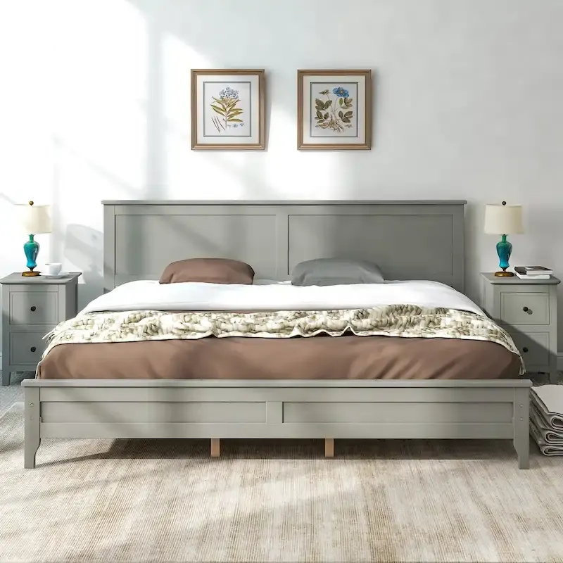 King Platform Bed in Modern Gray Pine Wood - Simple Slat Design, Elegant, High Load Capacity