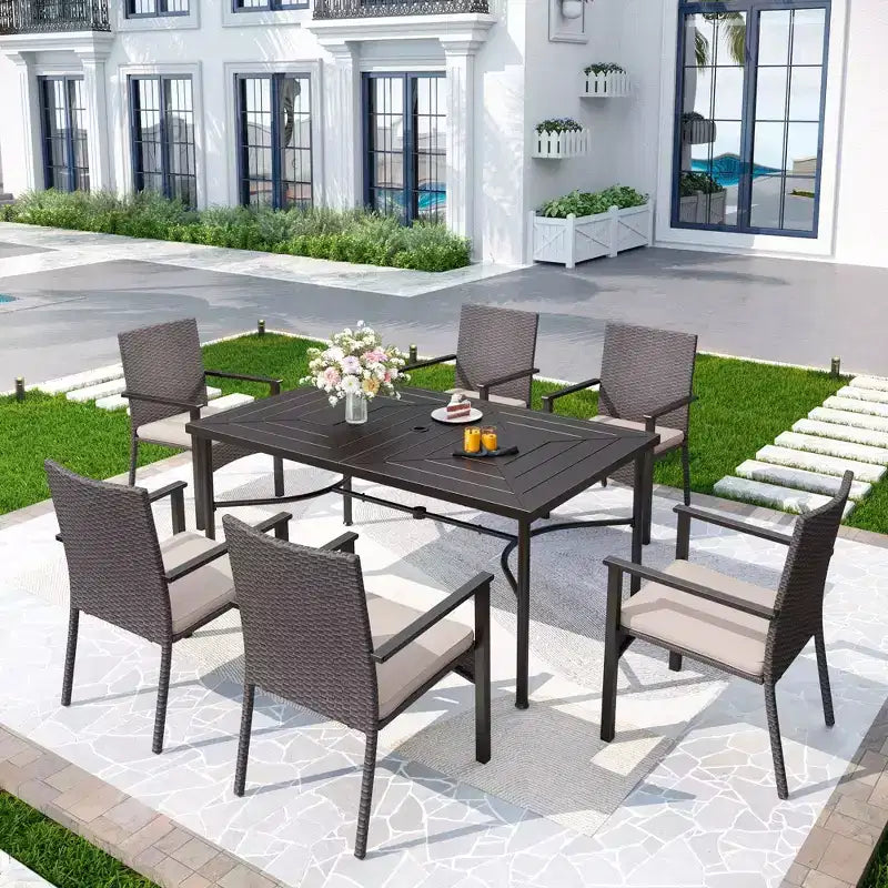 Captiva Designs 7pc Outdoor Patio Black Steel Dining Table with Umbrella Hole & Cushioned Armrest Rattan Chairs