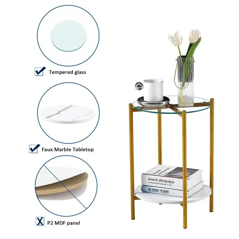 2 Tier Round Side Table with Tempered Glass Modern End Tables