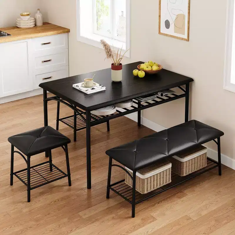 CuisinSmart Dining Room Table Set for 4, with Upholstered Bench and 2 Square Stools, with Storage Shelves, Dining Furniture Set for Small Space