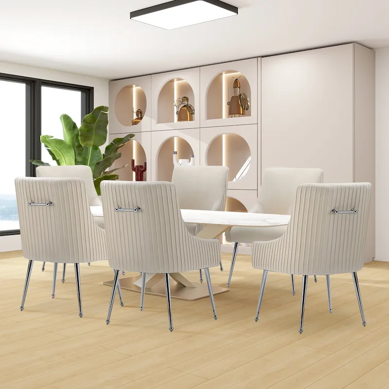SEYNAR Modern Velvet Pleated Finish Back Dining Chair Set of 6 with Rear Handle