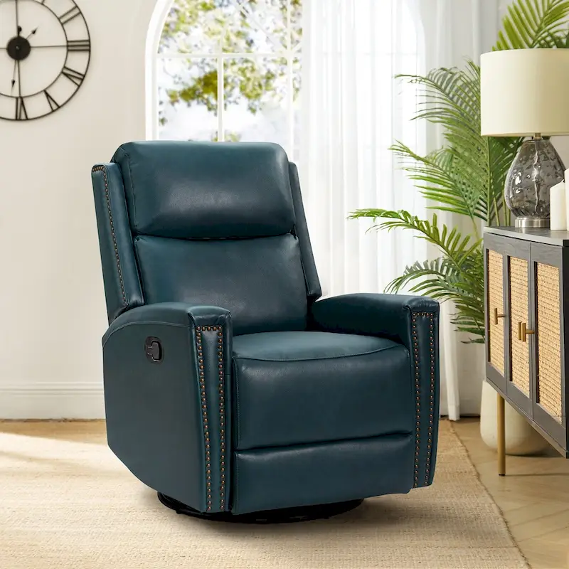 Fiacro 30.31Wide Modern Genuine Leather Wingback Swivel Rocker Recliner with Nailhead Trims