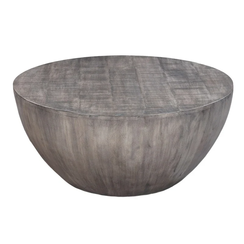 36 Inch Round Coffee Table, Handcrafted Drum Shape, Mango Wood with Olive Gray Finish