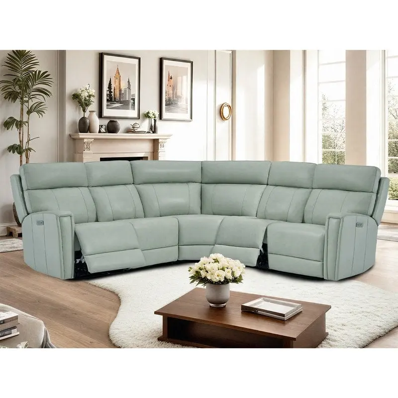 Genuine Leather Power Recliner Sectional Sofa with Ajustable Headrest, Dual Power, USB&USB-C Port