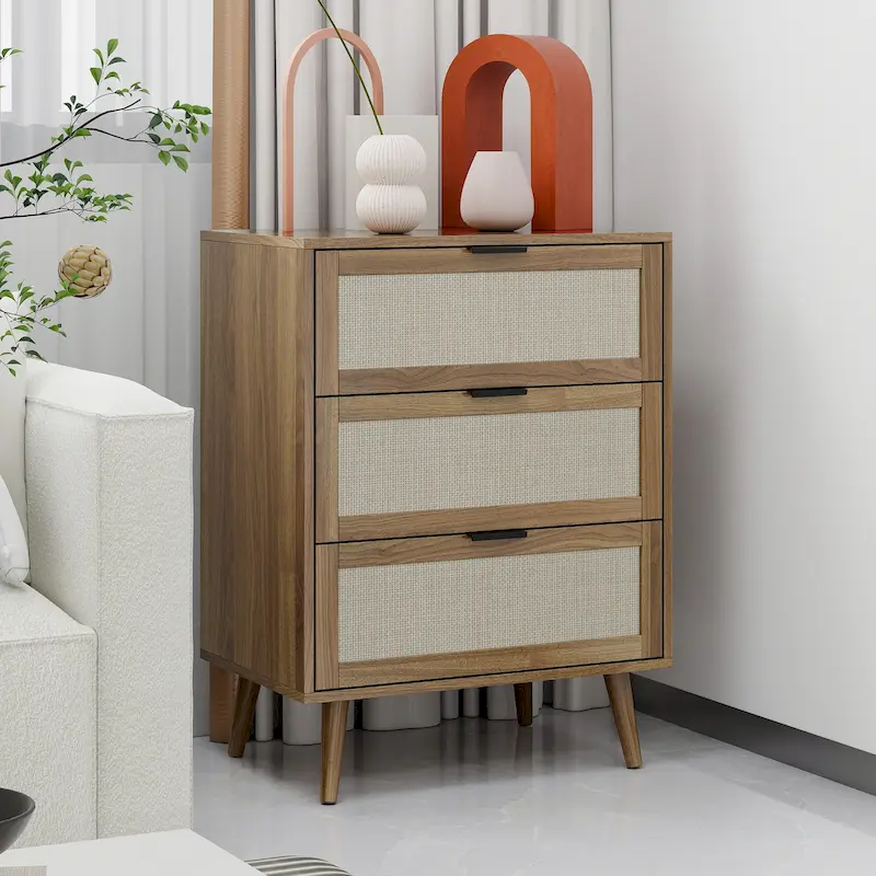 Rattan 3 Drawer Cabinet for Bedroom Living Room