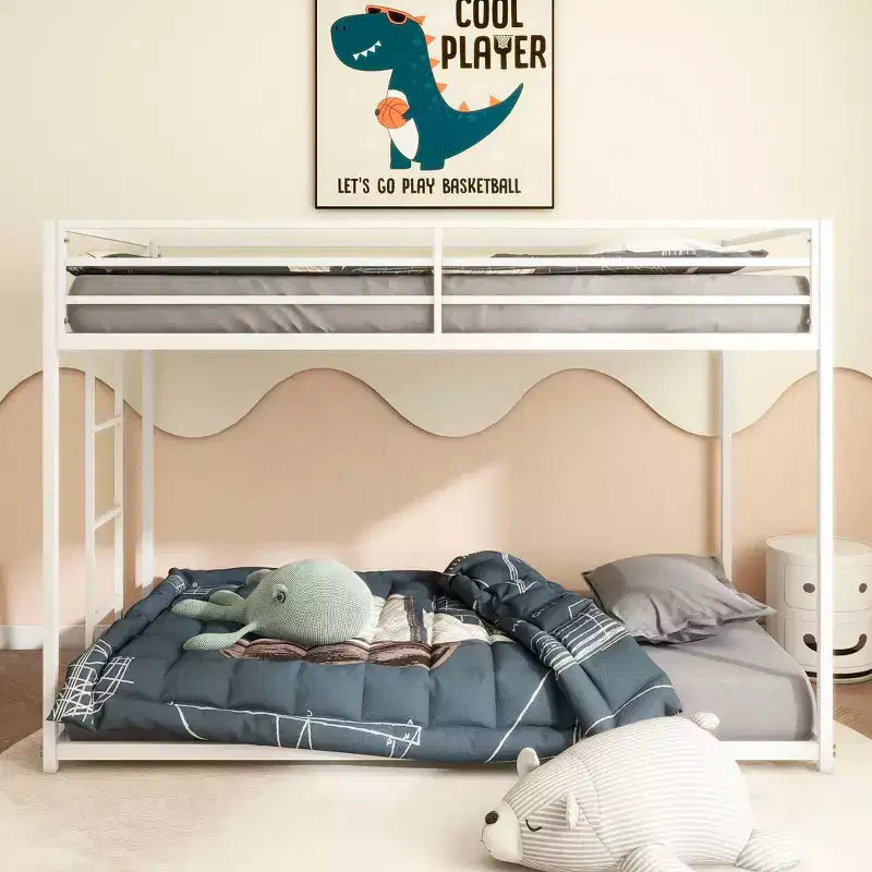 76.69 Twin-Over-Twin Metal Bunk Bed with Ladder & Guardrails, Low Profile Kids Bed Frame, White