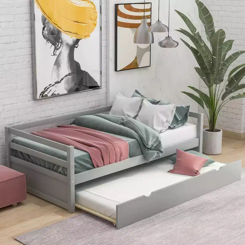 Solid Wood Twin Daybed with Pull-Out Trundle, Captain's Bed, Gray